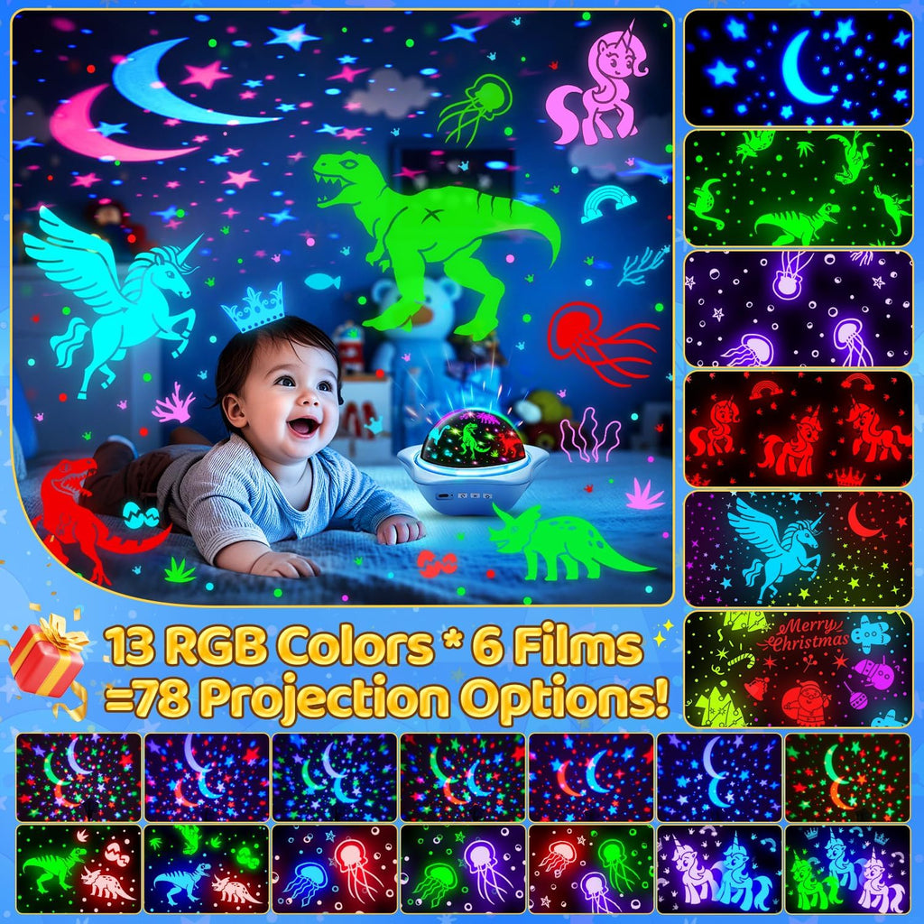 Night Light for Kids,6 Films+78 Lighting Modes Star Projector, Rechargeable, 360°Rotion Star Lights Sensory Toys for Autism