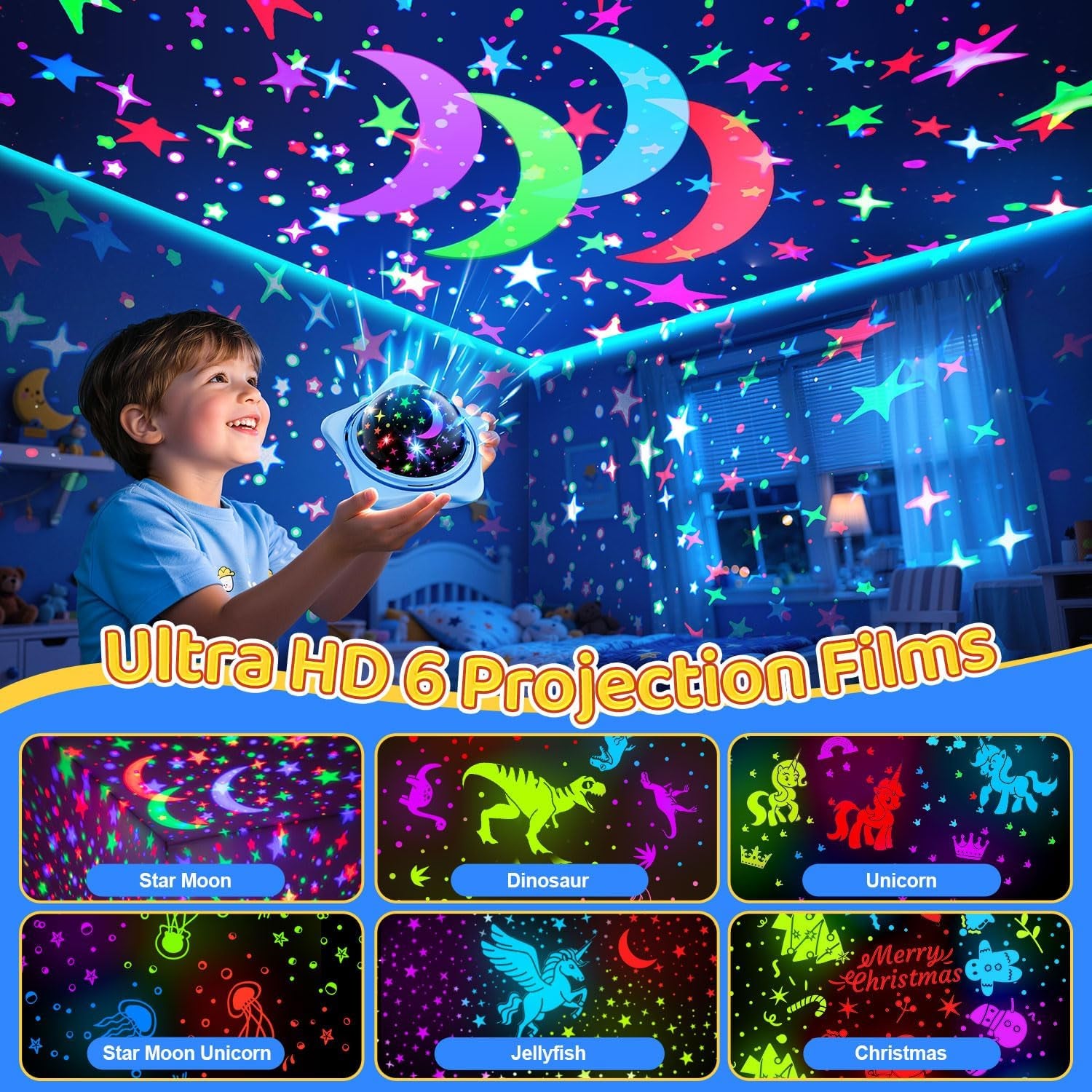 Night Light for Kids,6 Films+78 Lighting Modes Star Projector, Rechargeable, 360°Rotion Star Lights Sensory Toys for Autism